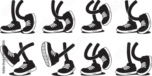Cartoon sneaker legs vector set  stylized running legs in sneakers, black silhouette retro style, sports character animation elements