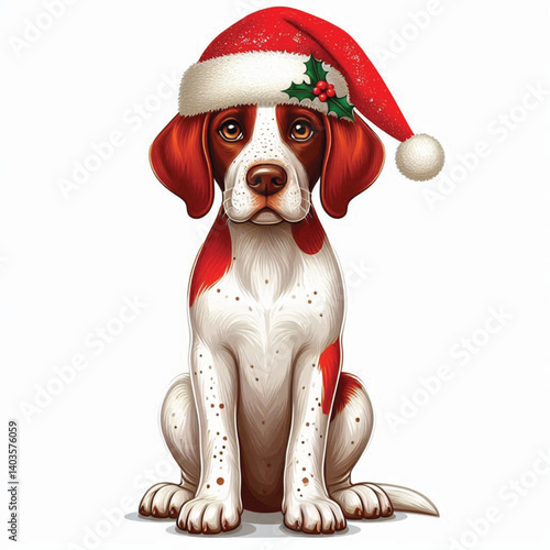 Christmas Pointer Dog wearing santa claus hat Cartoon Vector Illustration isolated