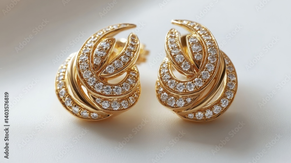 Naklejka premium Elegant gold earrings featuring brilliant diamonds, captured on a soft white background 
