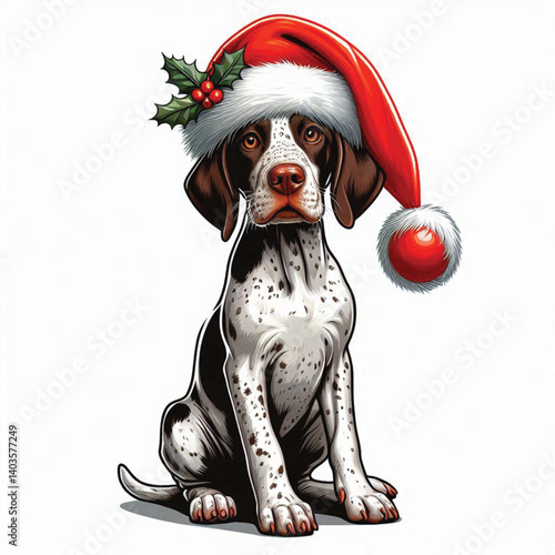 Christmas Pointer Dog wearing santa claus hat Cartoon Vector Illustration isolated