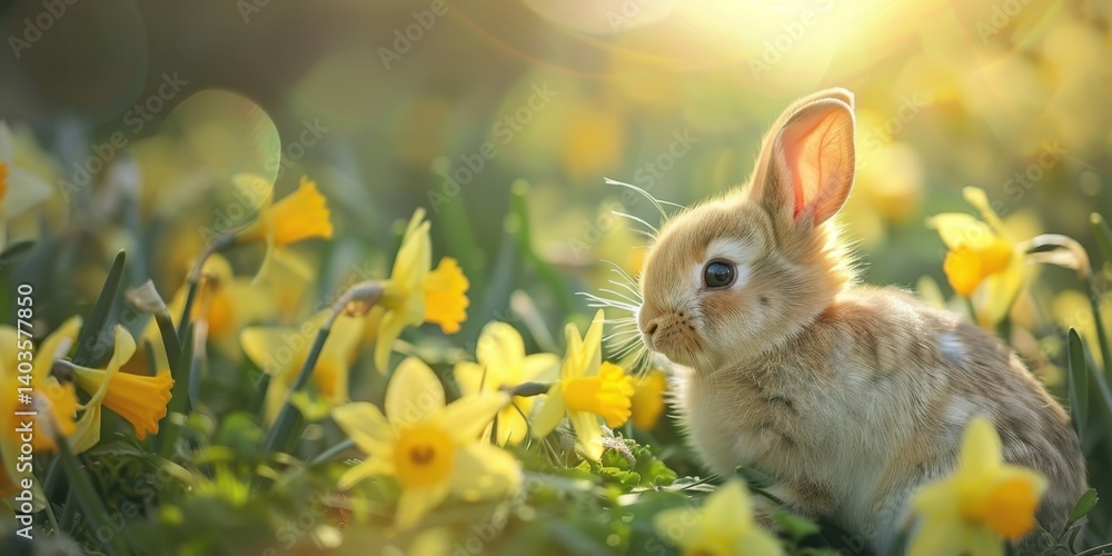 A photograph of a baby rabbit among daffodils soft A photograph of a baby rabbit among daffodils soft