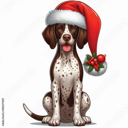 Christmas Pointer Dog wearing santa claus hat Cartoon Vector Illustration isolated