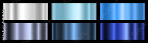 A set of six silver and blue metallic gradients on a black background. Collection of blue metallic gradients. The texture of the foil. Vector EPS 10.