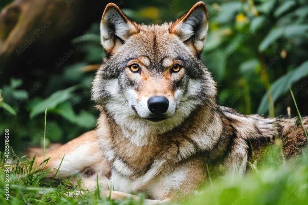 Fototapeta premium Wild wolf resting in grass