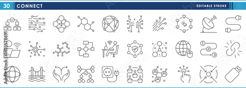 A set of line icons related to Connect. Connection, link, wire, drive, Wi-Fi, plug, internet, bridge, and so on. Vector editable stroke.