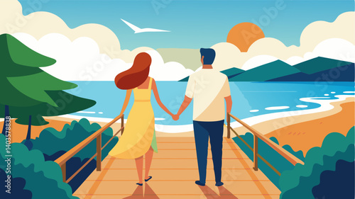 Sunkissed couples stroll hand in hand along the peaceful coastal boardwalk soaking in the picturesque scenery.