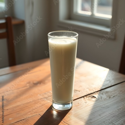 glass of milk on wooden table