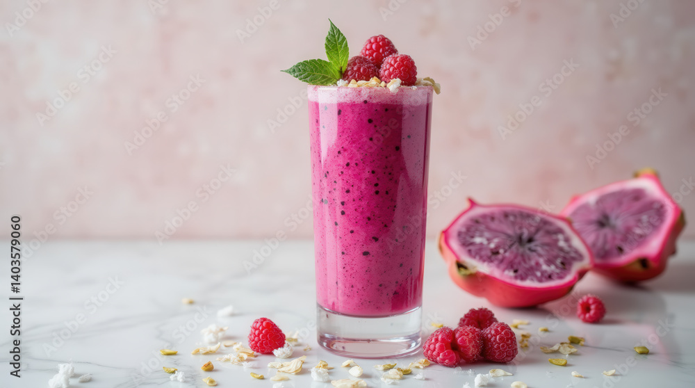 A vibrant smoothie made with raspberries and dragon fruit, garnished with fresh berries and mint leaves, rests on a marble surface, creating a visually appealing summertime treat A vibrant smoothie made with raspberries and dragon fruit, garnished with fresh berries and mint leaves, rests on a marble surface, creating a visually appealing summertime treat