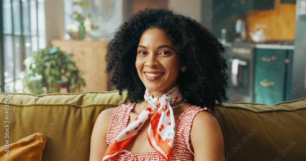 Portrait, smile and woman relax in apartment for peace, calm and chill on sofa on weekend in living room. Happy, female person and resting on couch for comfort, confidence and break in home in Brazil