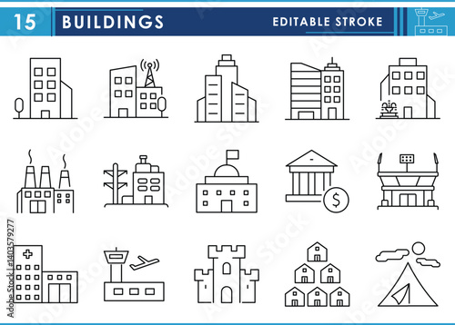 A set of line icons related to Buildings. Bank, school, stadium, residential, apartment, and so on. Vector editable stroke.