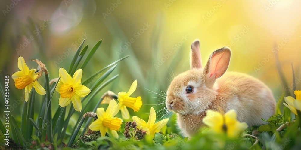 Fototapeta premium A photograph of a baby rabbit among daffodils soft