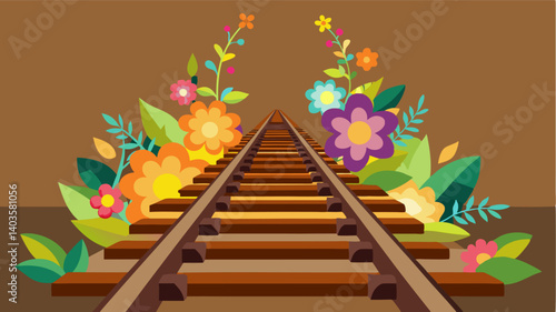 The old rusted railroad tracks are now adorned with colorful flowers transforming into a modern work of art.