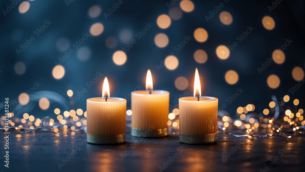 Three warm, glowing candles illuminated against a dark, bokeh-filled background create a serene scene. Three warm, glowing candles illuminated against a dark, bokeh-filled background create a serene scene.