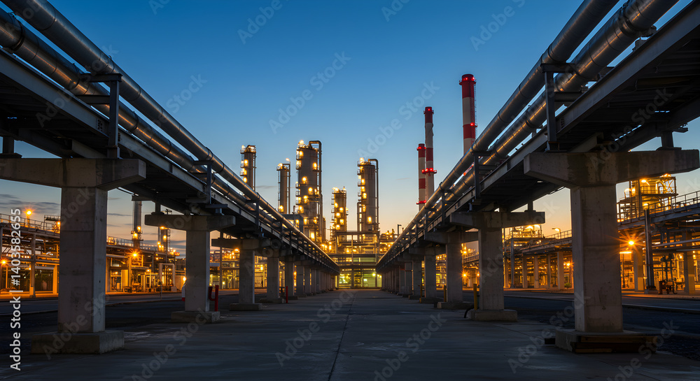 Naklejka premium Industrial Petrochemical Plant at Twilight with Blue Sky and Complex Pipeline Structure