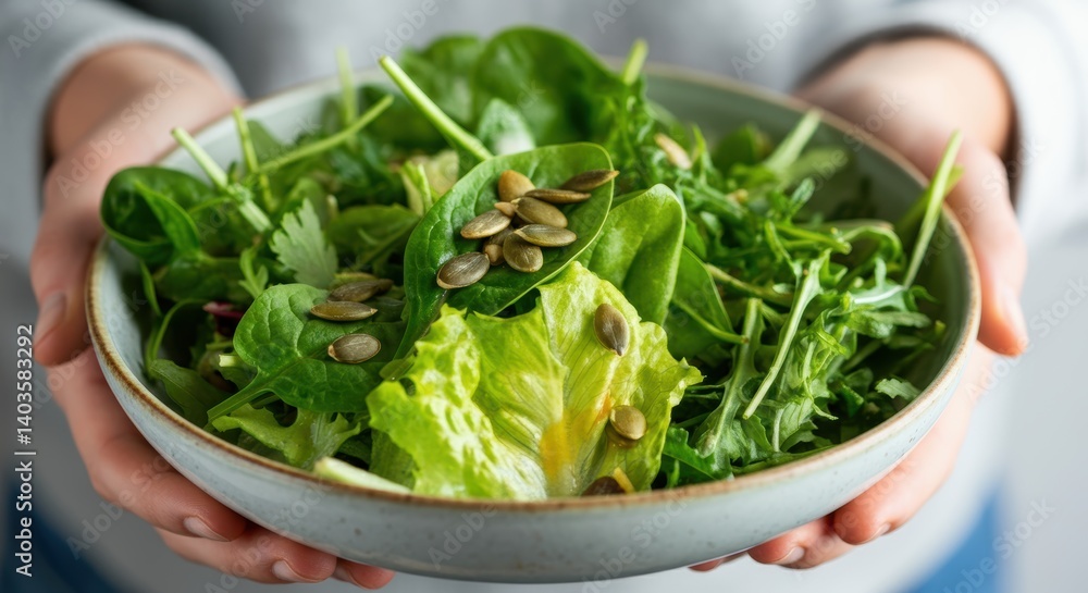 Fresh green salad with spinach, arugula, and pumpkin seeds in bowl Fresh green salad with spinach, arugula, and pumpkin seeds in bowl