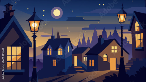 Quaint street lamps illuminate the village at night casting a warm glow over the historic buildings.