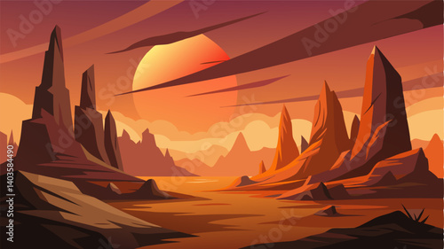 The sun sets over the rocky desert casting long shadows over the jagged rocks.