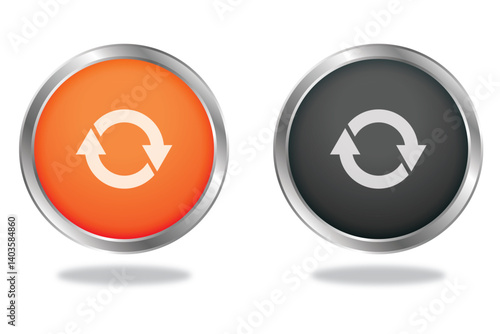 Glossy circular sync button icons in orange and black with metallic border for user interface or web design.