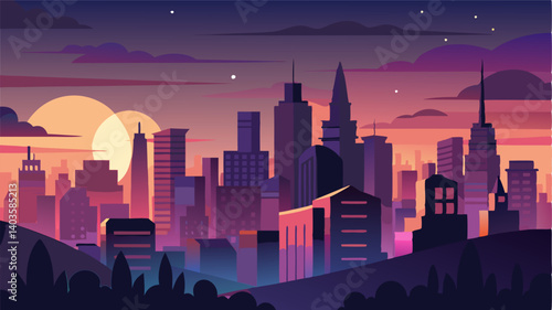 The bustling city below is quieted by the approaching twilight allowing the sky to steal the show in this striking city skyline at dusk.