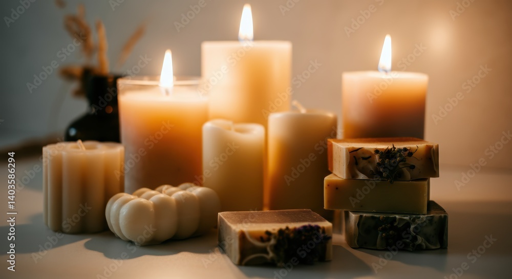 Cozy candlelit scene with assorted candles and handcrafted soaps Cozy candlelit scene with assorted candles and handcrafted soaps