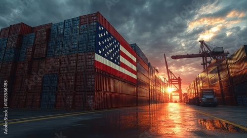 Industrial shipping yard at sunset with american flag on cargo containers