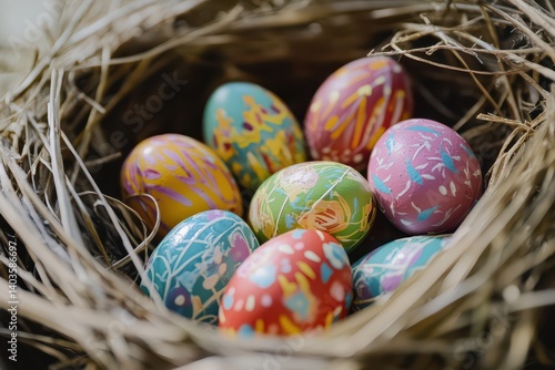 Colorful decorated eggs resting in a nest