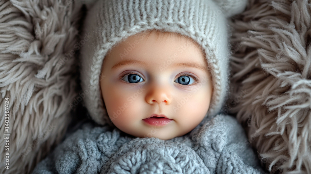 Sweet infant wearing a cozy, knitted hat. Sweet infant wearing a cozy, knitted hat.