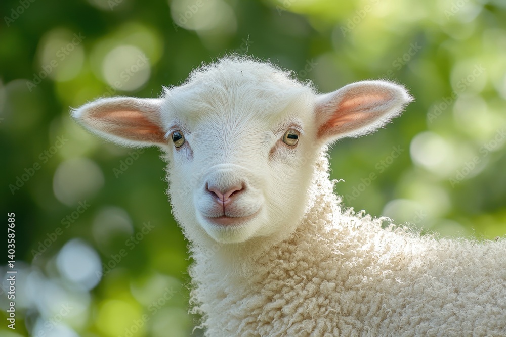 Fototapeta premium Cute lamb portrait in a sunlit forest