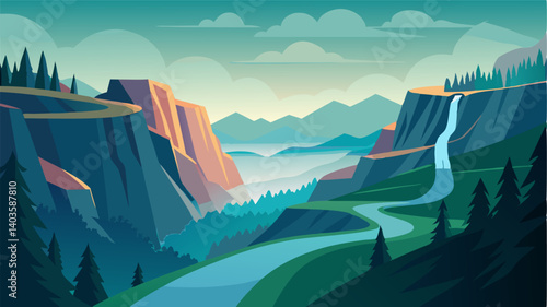 The road curves around a bend revealing a breathtaking vista of mistcovered valleys and rugged cliffs beckoning travelers to explore further.
