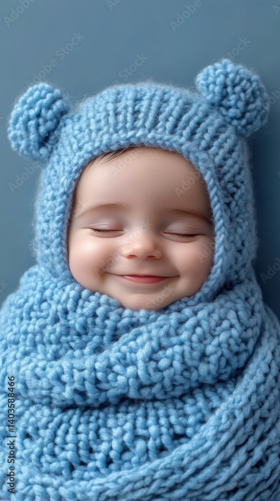 Baby wrapped in soft blue knit blanket with bear ear hat and joyful smile against a calm background Baby wrapped in soft blue knit blanket with bear ear hat and joyful smile against a calm background