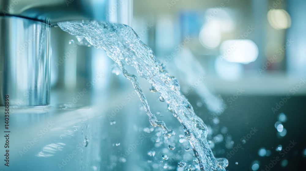 Water Flowing from Tap in Bright and Clear Indoor Space Water Flowing from Tap in Bright and Clear Indoor Space