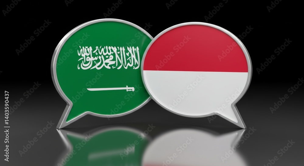 Saudi Arabia and Indonesia collaboration, illustrated by glossy speech bubbles Saudi Arabia and Indonesia collaboration, illustrated by glossy speech bubbles