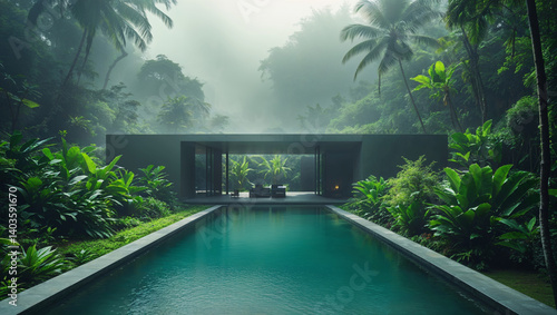 Fototapeta Naklejka Na Ścianę i Meble -  A luxurious pool nestled within a tropical jungle offers a serene getaway experience.