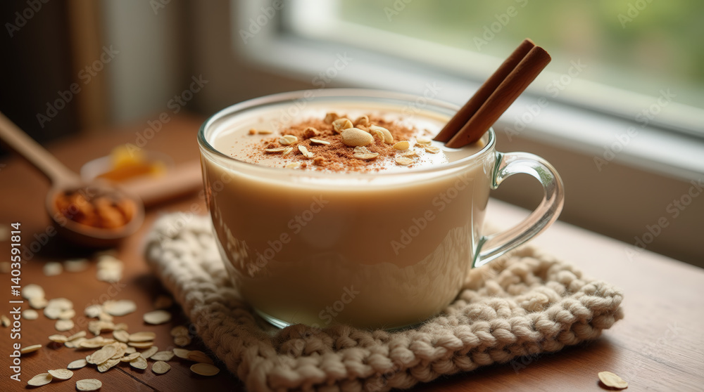 A warm, spiced drink is served in a clear glass cup on a knit coasters. The drink is garnished with cinnamon sticks and oats, set near a window A warm, spiced drink is served in a clear glass cup on a knit coasters. The drink is garnished with cinnamon sticks and oats, set near a window