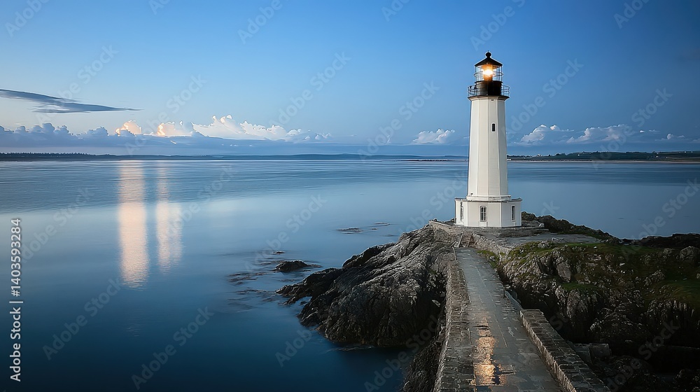 A serene lighthouse stands on rocky shores, illuminating the calm waters under a twilight sky, reflecting peaceful hues of blue. A serene lighthouse stands on rocky shores, illuminating the calm waters under a twilight sky, reflecting peaceful hues of blue.