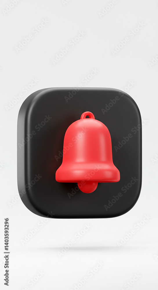 Red bell icon on black square. Notification alert symbol. Notice sign for app. Ringing bell for reminder. UI element on white background. Red bell icon on black square. Notification alert symbol. Notice sign for app. Ringing bell for reminder. UI element on white background.