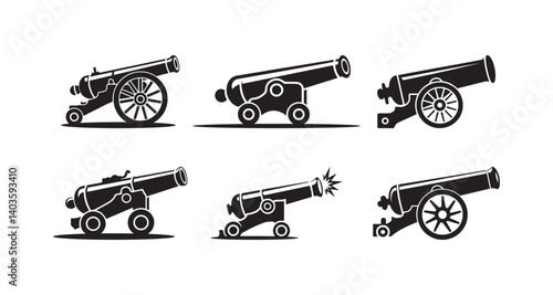Vintage Cannon Silhouette Icons Set Black Historic Artillery Vector Collection