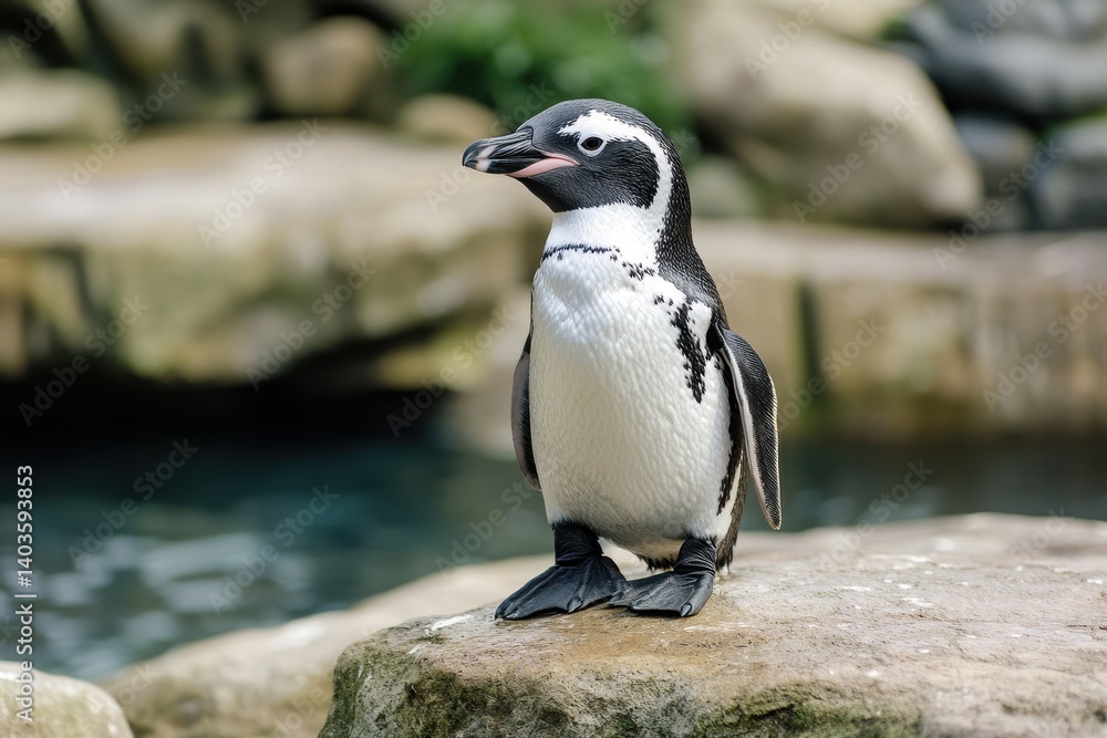 Naklejka premium Cute penguin on rock by water