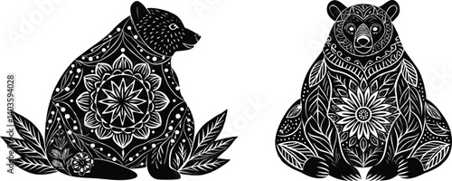 Silhouette vector of a bear standing calmly on a mountain cliff, facing a rising sun, minimal landscape in background