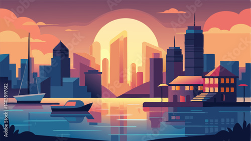 The first rays of sunlight peek through the tall buildings painting the harbor and its docks in a soft ethereal light.