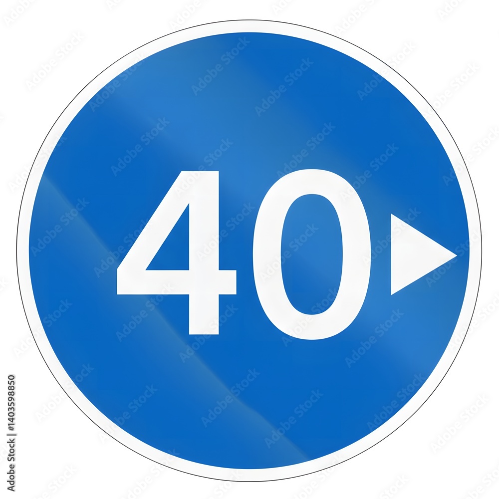 Circular Blue Road Sign Indicating 40km-h Speed Limit with Directional Arrow Circular Blue Road Sign Indicating 40km-h Speed Limit with Directional Arrow