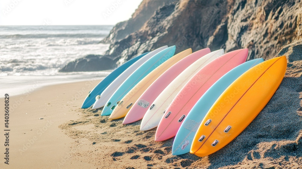 Colorful surfboards on beach, ocean waves background Colorful surfboards on beach, ocean waves background