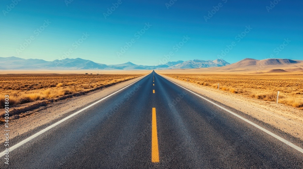 Vast open road leading to distant mountains under a clear blue sky Vast open road leading to distant mountains under a clear blue sky