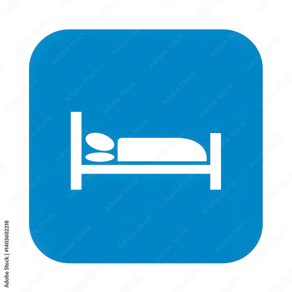 Simple Blue Square Icon Featuring a White Bed Symbol Simple Blue Square Icon Featuring a White Bed Symbol