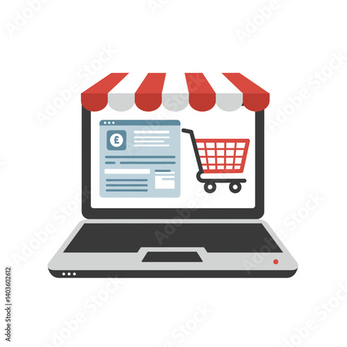 Online Shop in a Laptop: A vibrant illustration presents a laptop screen transforming into an online store, complete with shopping cart and shopfront awning.