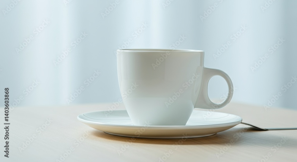 Minimalist white coffee cup on saucer with spoon on wooden table under soft lighting Minimalist white coffee cup on saucer with spoon on wooden table under soft lighting