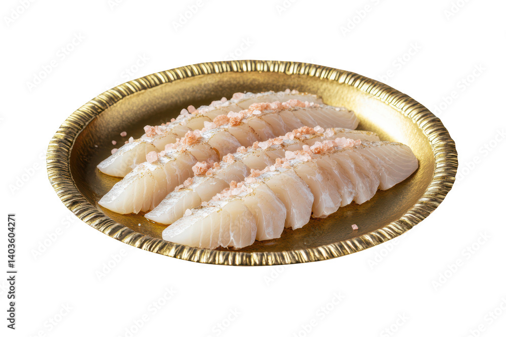 Fresh White Fish Fillet Sashimi With Himalayan Salt On Golden Tray Isolated Fresh White Fish Fillet Sashimi With Himalayan Salt On Golden Tray Isolated