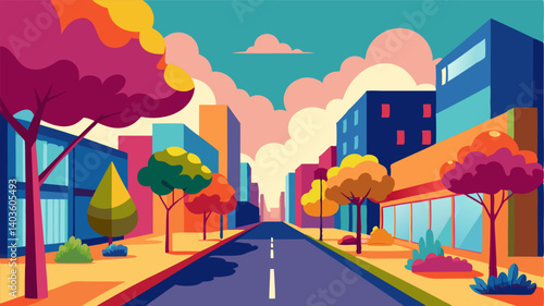 The bustling street is brought to life by the vibrant colors of the trees adding an earthy energy to the concrete surroundings.