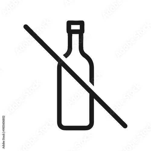 Minimal black line icon of bottle with diagonal line representing no alcohol, prohibition, or restricted area symbol