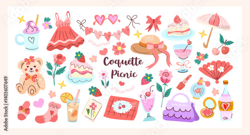 Coquette Picnic flat vector set of cute girly summer items: teddy bear, desserts, makeup, dress, accessories, romantic picnic, pink aesthetic.